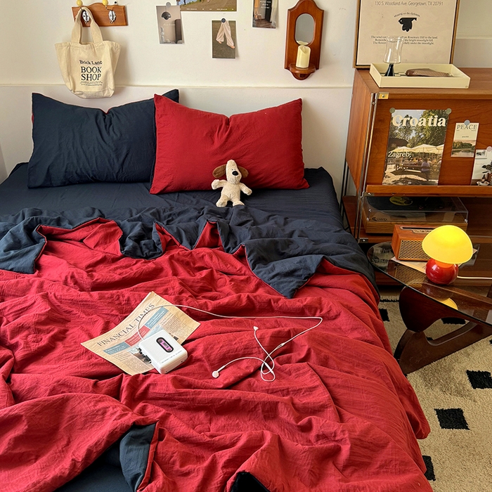 91家纺网 家纺一手货源 找家纺 耀达家居 2025新款水洗棉双拼夏被四件套 安可拉红➕藏蓝