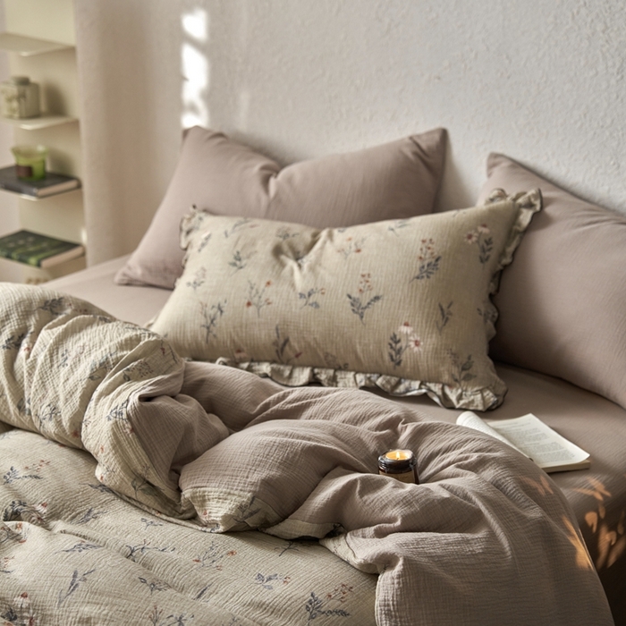 91家纺网 家纺一手货源 找家纺 安莱生活2025年新款全棉精梳棉双层纱绉纱数码印花四件套及夏凉被系列3 织麦-咖