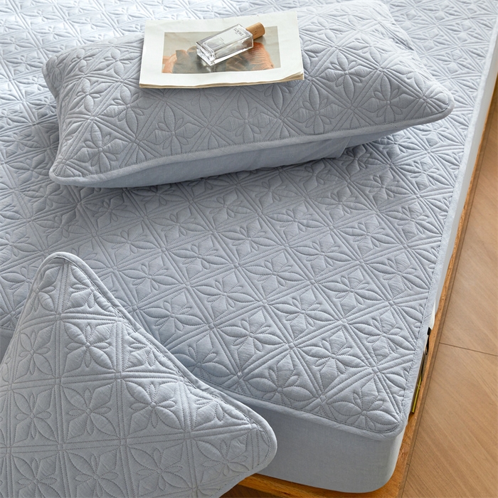 91家纺网 家纺一手货源 找家纺 3C 2025全棉蚕丝蛋白夹棉床笠 天星花-天空蓝