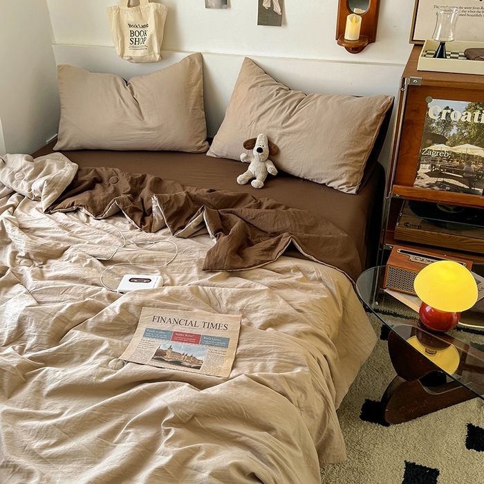 91家纺网 家纺一手货源 找家纺 耀达家居 2025新款水洗棉双拼夏被四件套 奶茶➕咖啡