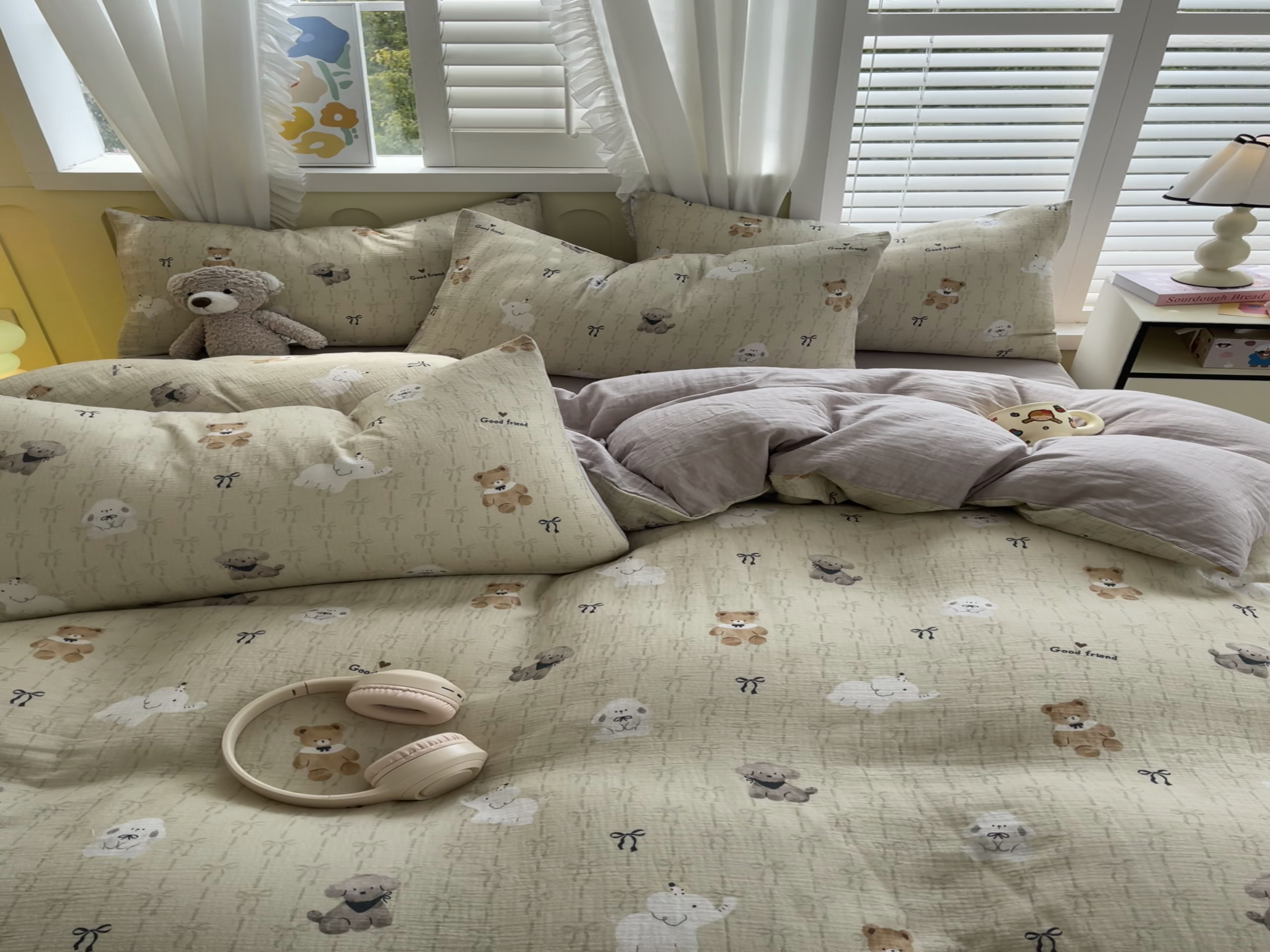 91家纺网 家纺一手货源 找家纺 凯磊2025新款.纯棉皱皱纱数码印花四件套 漂亮的领结 绿