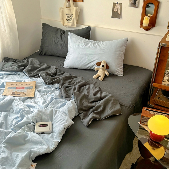 91家纺网 家纺一手货源 找家纺 耀达家居 2025新款水洗棉双拼夏被四件套 海盐蓝➕高级灰