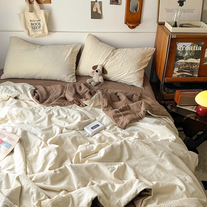 91家纺网 家纺一手货源 找家纺 耀达家居 2025新款水洗棉双拼夏被四件套 燕麦➕可可