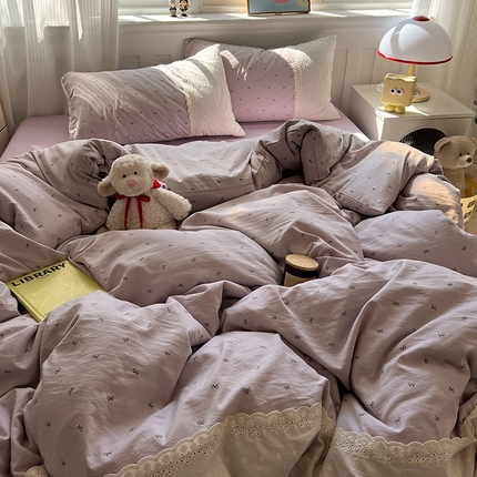 91家纺网 家纺一手货源 找家纺 韩都家居  2025春夏新款蕾丝花边云感双层纱四件套 苏夏