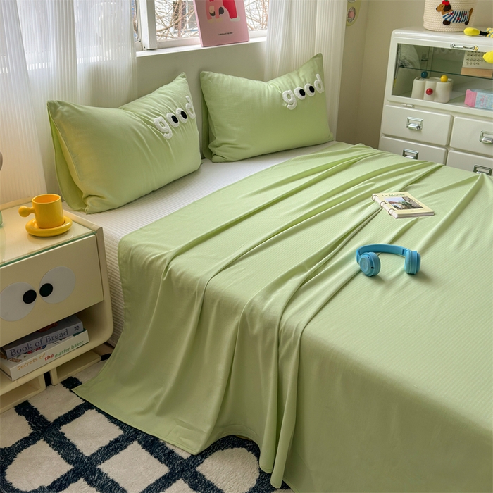 91家纺网 家纺一手货源 找家纺 丽涵家纺 2025新款全棉大雁纹单品床单床单三件套 good豆绿色