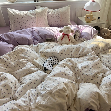 91家纺网 家纺一手货源 找家纺 韩都家居  2025春夏新款蕾丝花边云感双层纱四件套 繁花