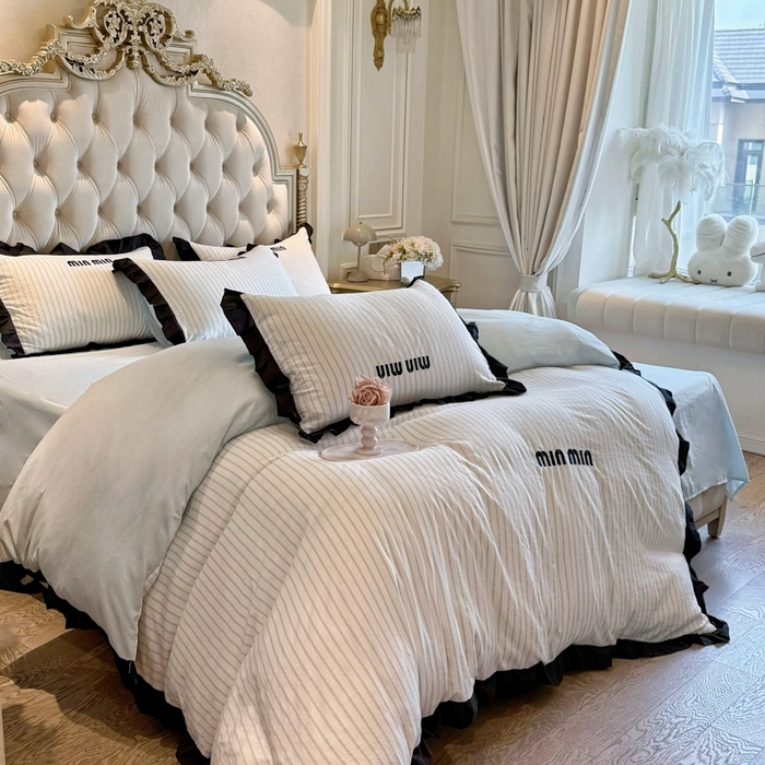 91家纺网 家纺一手货源 找家纺 千希家纺2025新款法式小香风四件套 法式条纹-繁星蓝