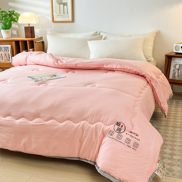 91家纺网 家纺一手货源 找家纺 百花王2025新款泡泡棉纯色简约升级款大豆被子被芯 原棉大豆被泡泡升级款 -粉色