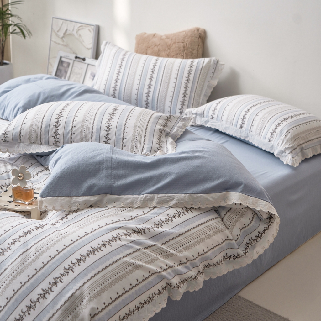 91家纺网 家纺一手货源 找家纺 漫仙阁家纺 2025新款双层纱花边款韩版四件套 茶野