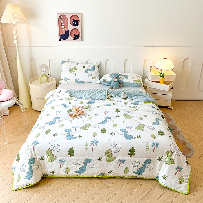 91家纺网 家纺一手货源 找家纺 熙宴家纺 2025新款A类水洗双层纱100%新疆棉花印花夏被空调被夏凉被 恐龙乐园