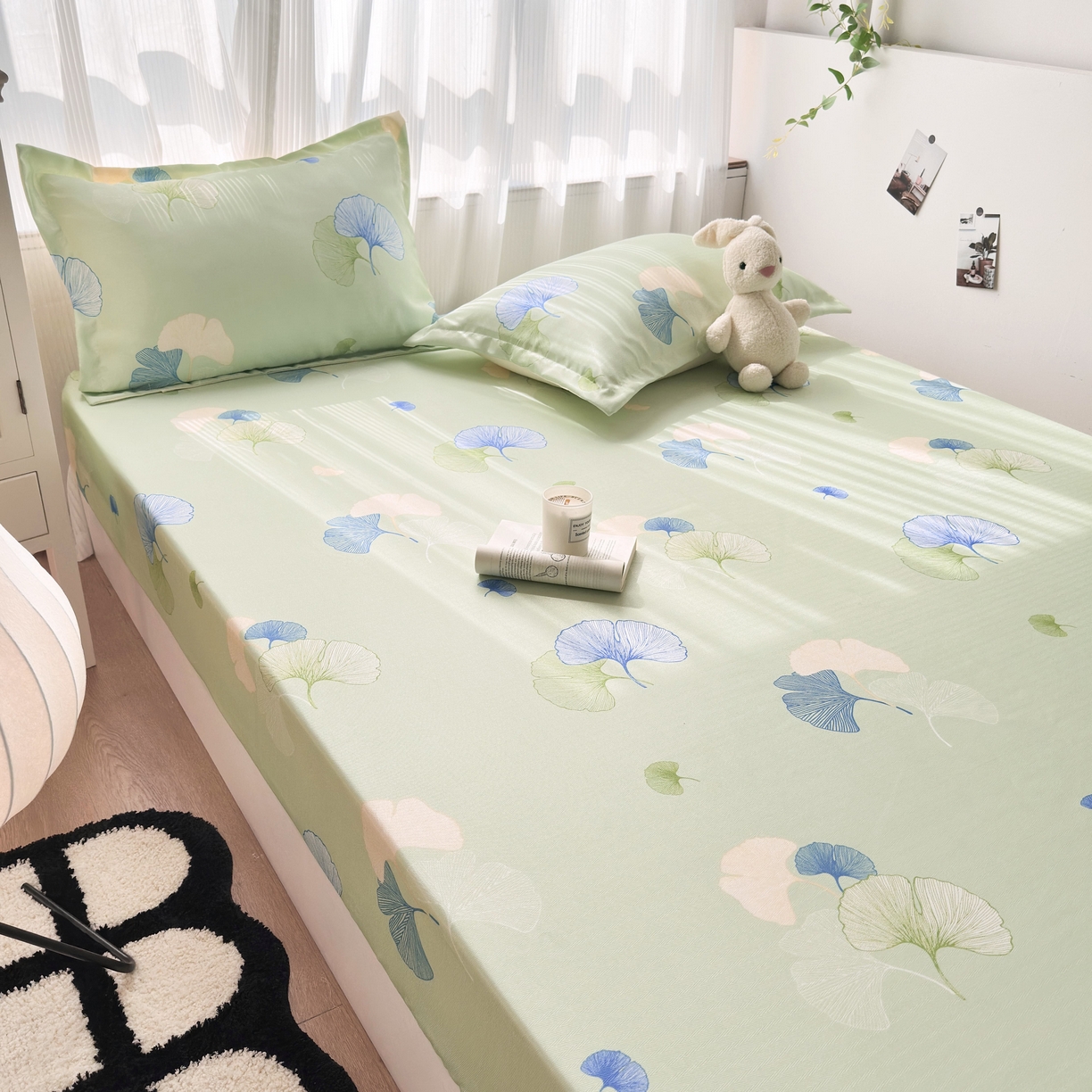 91家纺网 家纺一手货源 找家纺 乐居家纺 2025新款亲肤舒适活性印染水洗冰丝床笠 银杏叶-绿