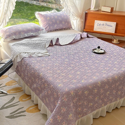 韩秀家纺 2025新款韩版花边双层纱水洗棉夹棉床盖针织棉泡泡棉床盖三件套蕾丝花边枕套 花语