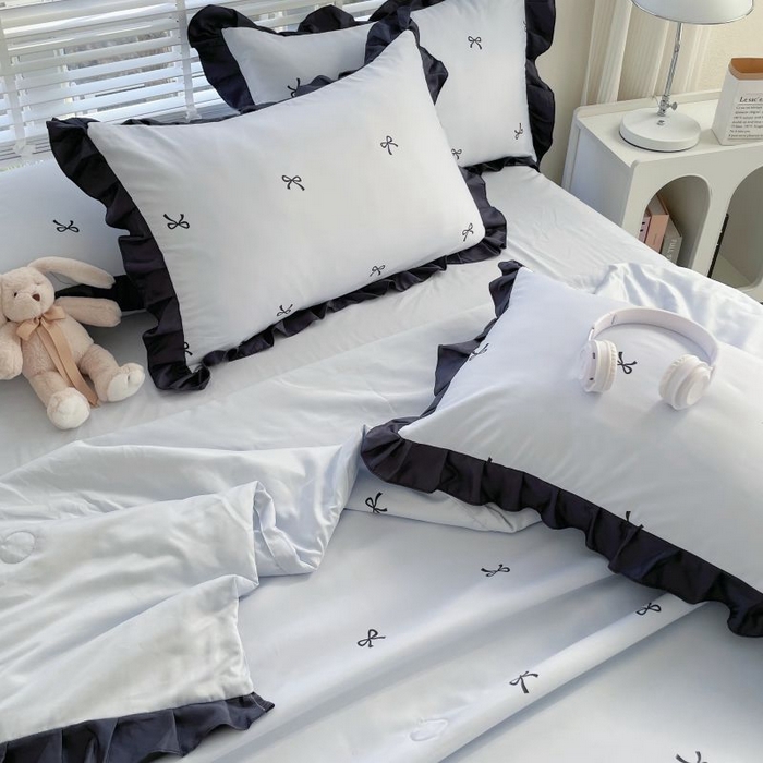 91家纺网 家纺一手货源 找家纺 绣女坊  2025新款水洗天丝夏被四件套 蓝色蝴蝶结