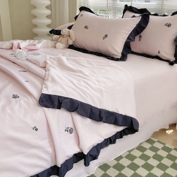 91家纺网 家纺一手货源 找家纺 绣女坊  2025新款水洗天丝夏被四件套 粉色玫瑰