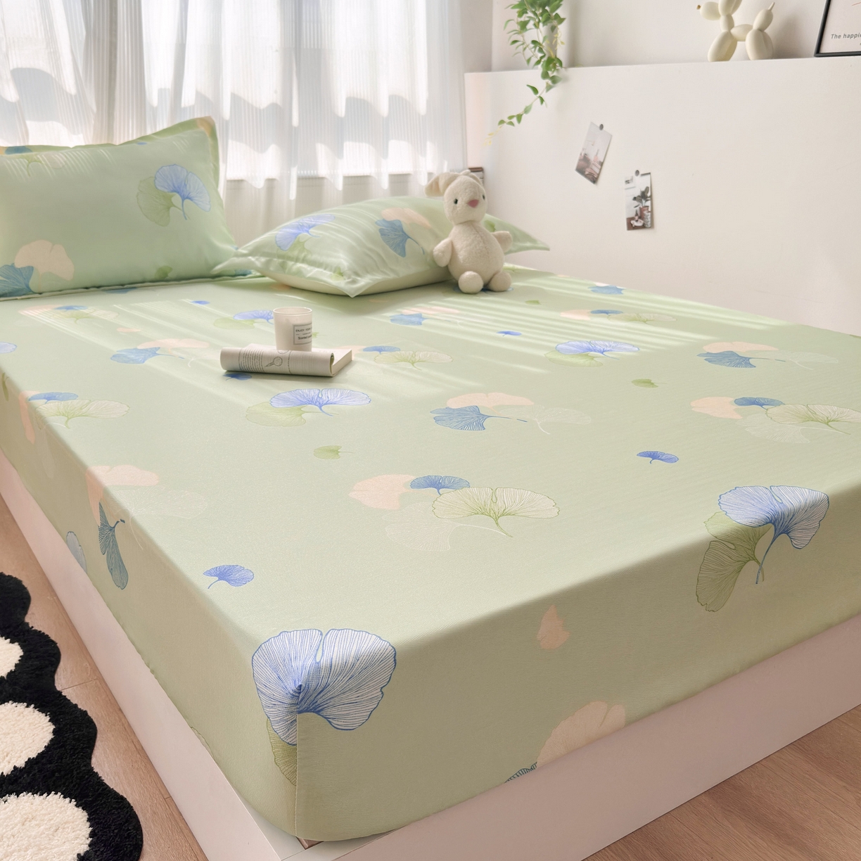 91家纺网 家纺一手货源 找家纺 乐居家纺 2025新款亲肤舒适活性印染水洗冰丝床笠 银杏叶-绿