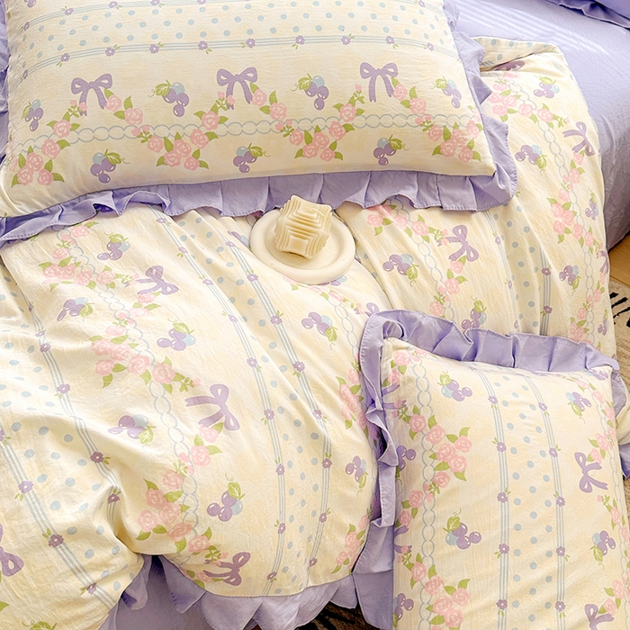 91家纺网 家纺一手货源 找家纺 佳一家纺 2025新款亲肤水洗棉四件套系列 蝴蝶结紫