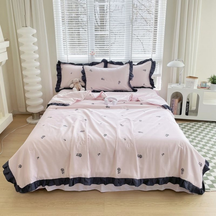 91家纺网 家纺一手货源 找家纺 绣女坊  2025新款水洗天丝夏被四件套 粉色玫瑰