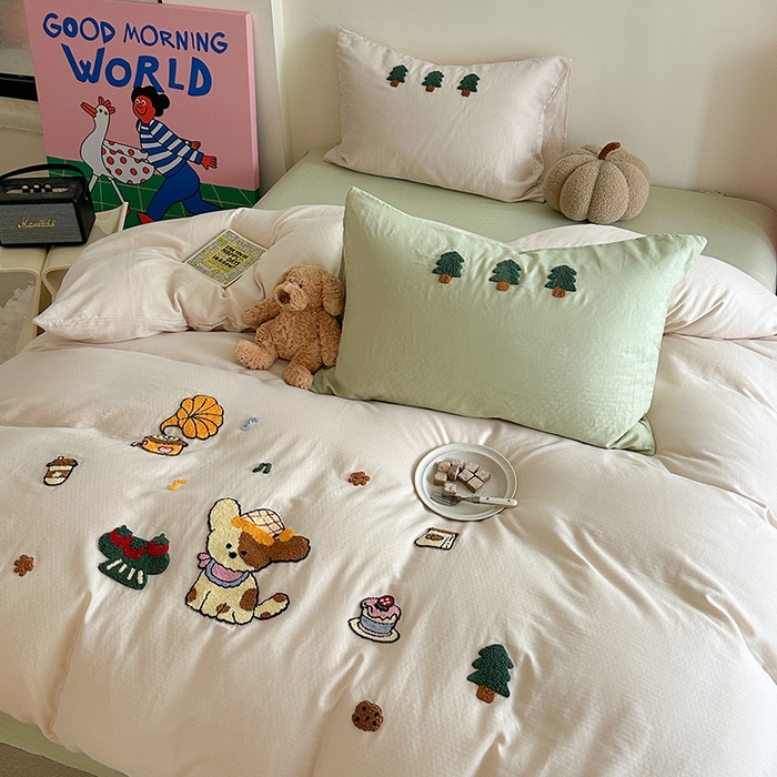 91家纺网 家纺一手货源 找家纺 TT.one 塔塔家居 2025新款全棉双层纱毛巾绣萌宠系列四件套 派对小狗