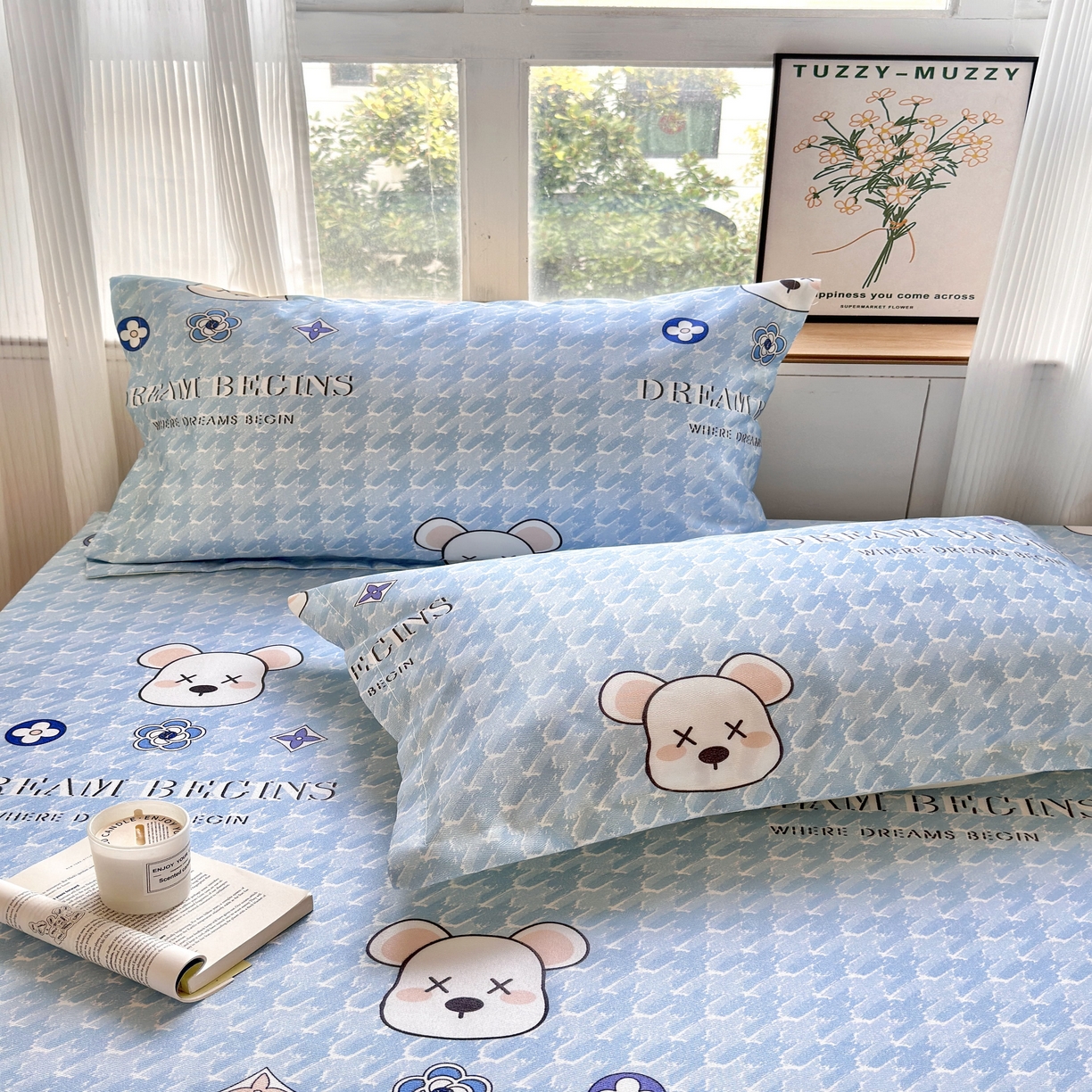 91家纺网 家纺一手货源 找家纺 乐居家纺 2025新款亲肤舒适活性印染水洗冰丝床笠 千鸟格熊-蓝