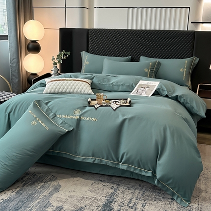 91家纺网 家纺一手货源 找家纺 （总）宇彬家纺 2025直播新款13374全棉纯棉母婴级压线一字绣纯色刺绣四件套全棉纯棉贡缎新疆长绒字母款铂金系列