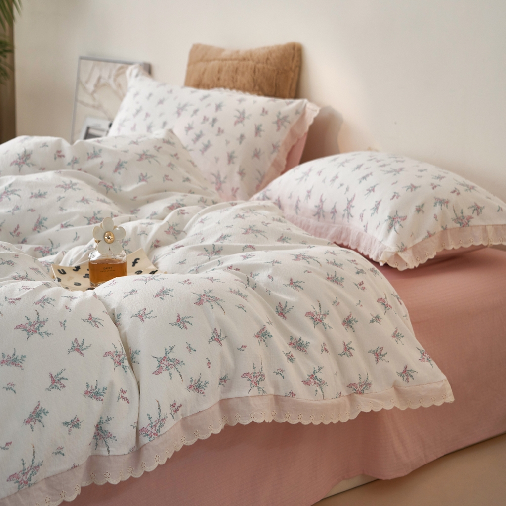 91家纺网 家纺一手货源 找家纺 漫仙阁家纺 2025新款双层纱花边款韩版四件套 白茶