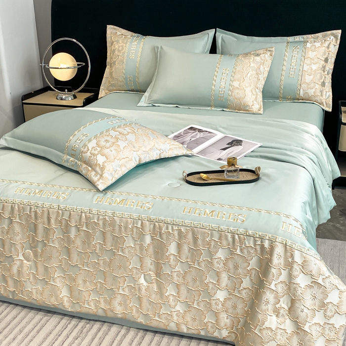 91家纺网 家纺一手货源 找家纺 子曰 2025新款金丝提花浮雕刺绣水洗真丝夏被四件套夏凉被空调被 花开朵朵-绿