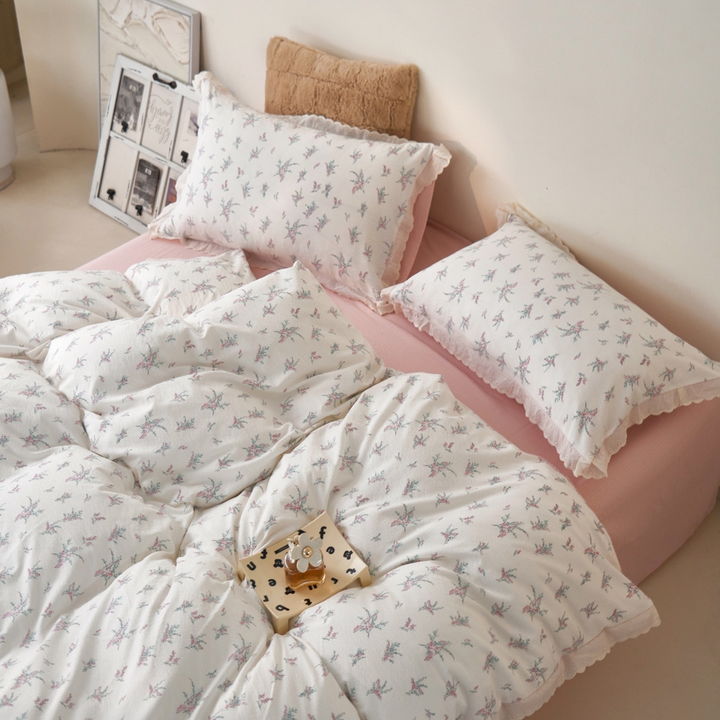 91家纺网 家纺一手货源 找家纺 漫仙阁家纺 2025新款双层纱花边款韩版四件套 白茶