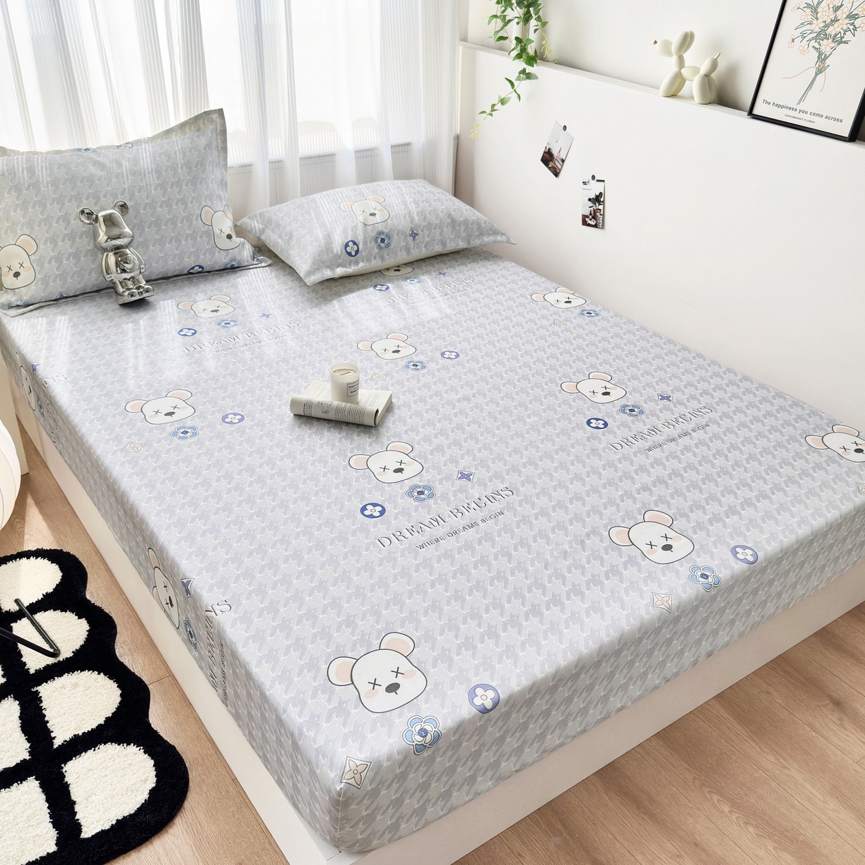 91家纺网 家纺一手货源 找家纺 乐居家纺 2025新款亲肤舒适活性印染水洗冰丝床笠 千鸟格熊