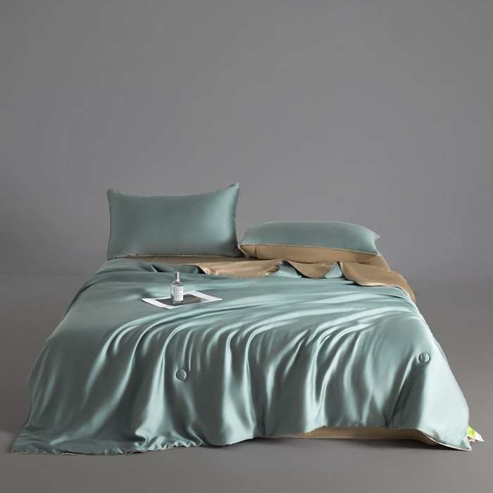 91家纺网 家纺一手货源 找家纺 AB家纺2025新品A类莱赛尔双拼50天丝空调夏被四件套 海青绿-卡其