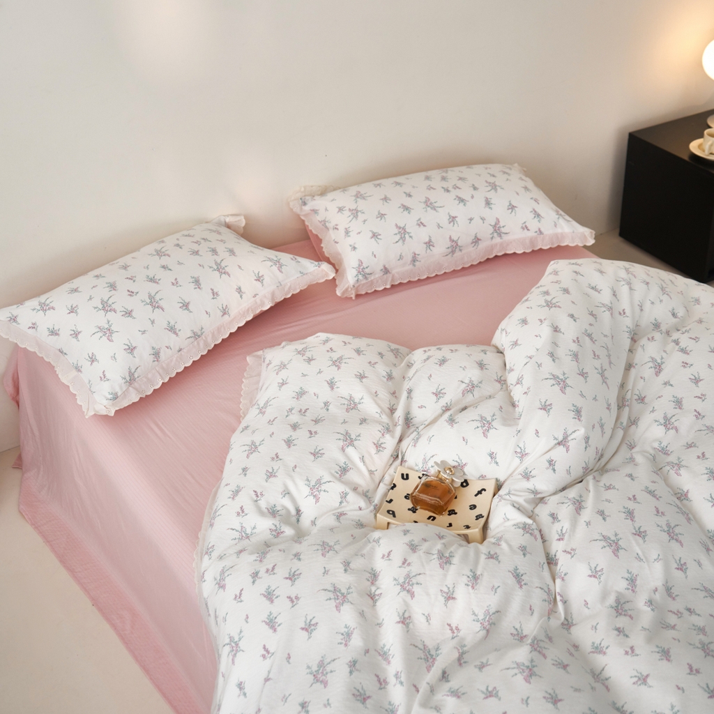 91家纺网 家纺一手货源 找家纺 漫仙阁家纺 2025新款双层纱花边款韩版四件套 白茶