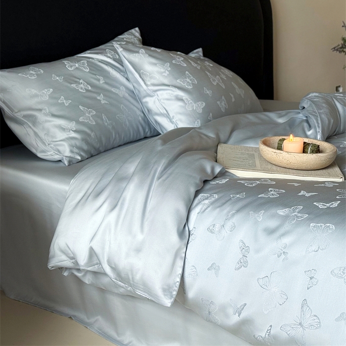 91家纺网 家纺一手货源 找家纺 FORTWO2025新款60支兰精天丝浮雕提花四件套		 云渺-蓝