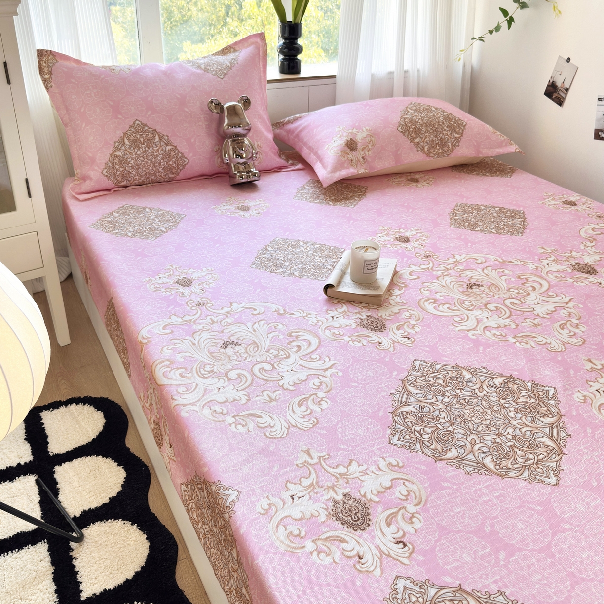 91家纺网 家纺一手货源 找家纺 乐居家纺 2025新款亲肤舒适活性印染水洗冰丝床笠 空谷幽兰-粉