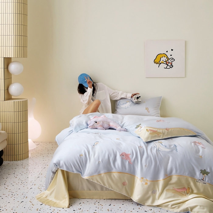 91家纺网 家纺一手货源 找家纺 （总）爱缦 2025新款海边假日系列60支莱赛尔四件套风格二