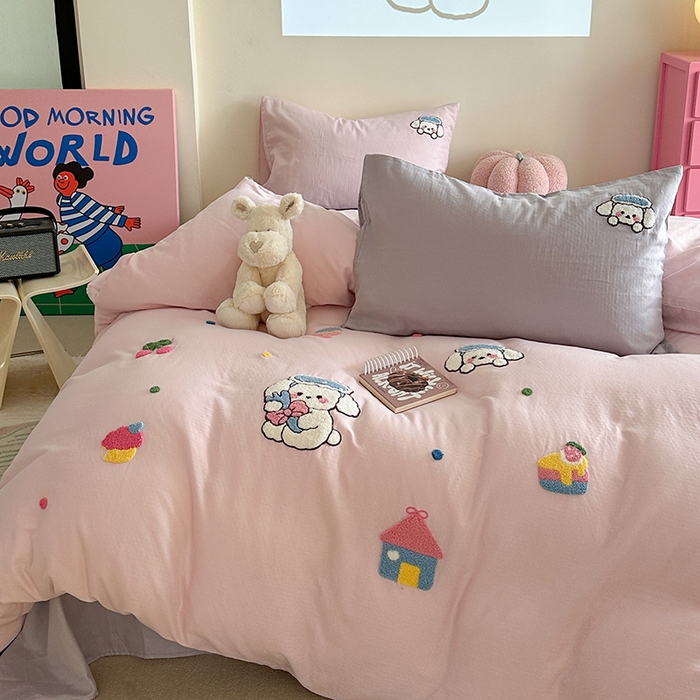 91家纺网 家纺一手货源 找家纺 TT.one 塔塔家居 2025新款全棉双层纱毛巾绣萌宠系列四件套 朵拉公主