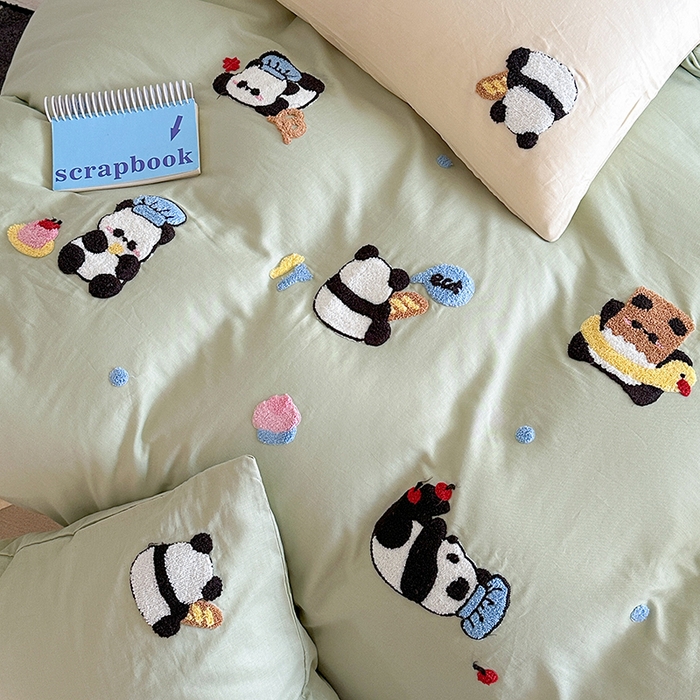 91家纺网 家纺一手货源 找家纺 TT.one 塔塔家居 2025新款全棉双层纱毛巾绣萌宠系列四件套 福气团团