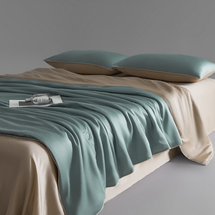 91家纺网 家纺一手货源 找家纺 AB家纺2025新品A类莱赛尔双拼50天丝空调夏被四件套 海青绿-卡其