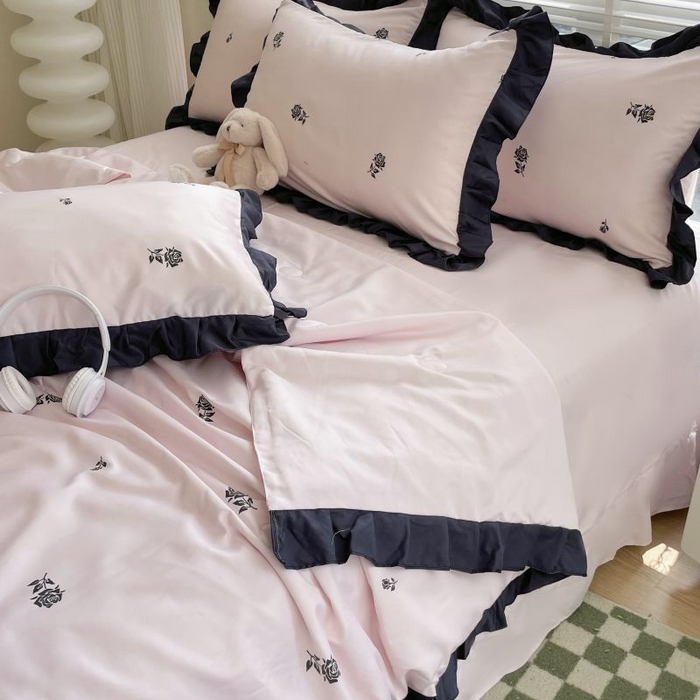 91家纺网 家纺一手货源 找家纺 绣女坊  2025新款水洗天丝夏被四件套 粉色玫瑰