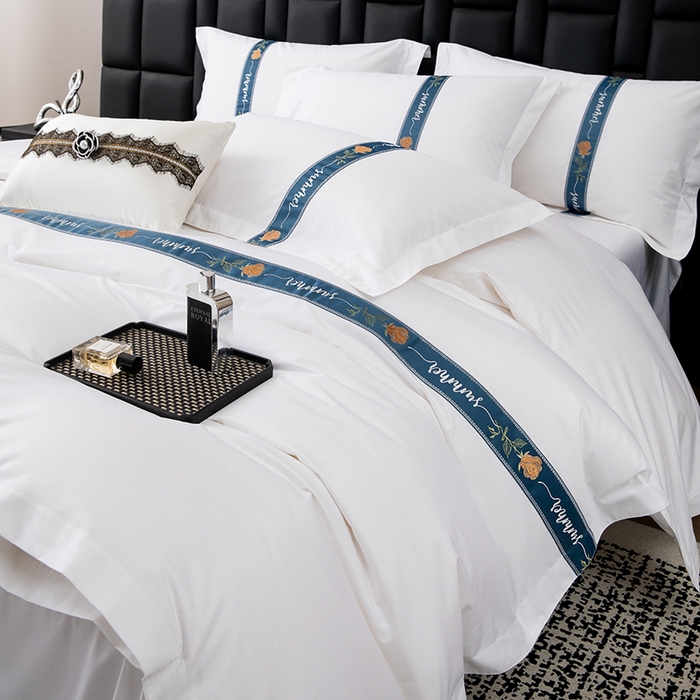 91家纺网 家纺一手货源 找家纺 优必恩 2025新款高支高密民宿酒店织带款四件套套件 蓝色花海