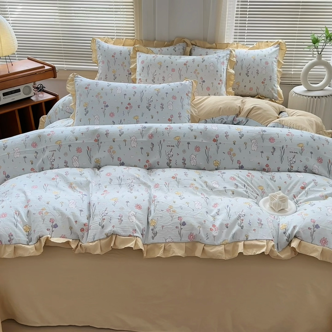 91家纺网 家纺一手货源 找家纺 佳一家纺 2025新款亲肤水洗棉四件套系列 缤纷兔