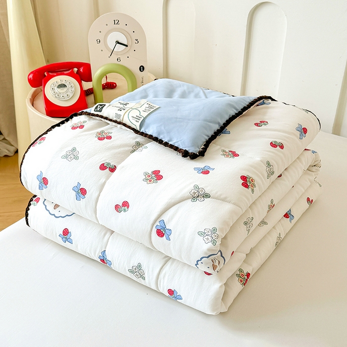 91家纺网 家纺一手货源 找家纺 熙宴家纺 2025新款A类水洗双层纱100%新疆棉花印花夏被空调被夏凉被 甜心草莓