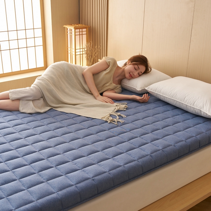 91家纺网 家纺一手货源 找家纺 锦丝钰床垫 2025新款色织水洗棉棉花床垫 牛仔蓝