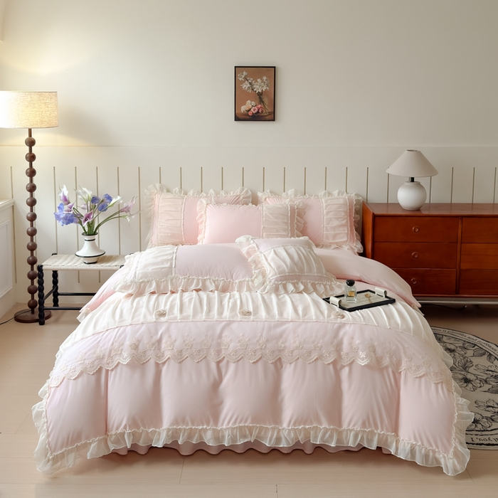 91家纺网 家纺一手货源 找家纺 狂想家 2025高定蕾丝糯小棉安妮系列四件套 蜜桃粉