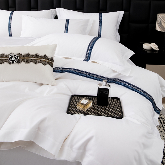 91家纺网 家纺一手货源 找家纺 优必恩 2025新款高支高密民宿酒店织带款四件套套件 墨蓝