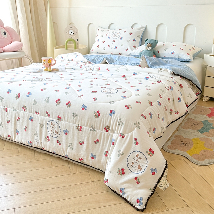 91家纺网 家纺一手货源 找家纺 熙宴家纺 2025新款A类水洗双层纱100%新疆棉花印花夏被空调被夏凉被 甜心草莓