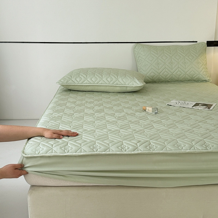 91家纺网 家纺一手货源 找家纺 云雀   2025新款舒适莱赛尔天丝夹棉床笠 菱格床笠-豆绿