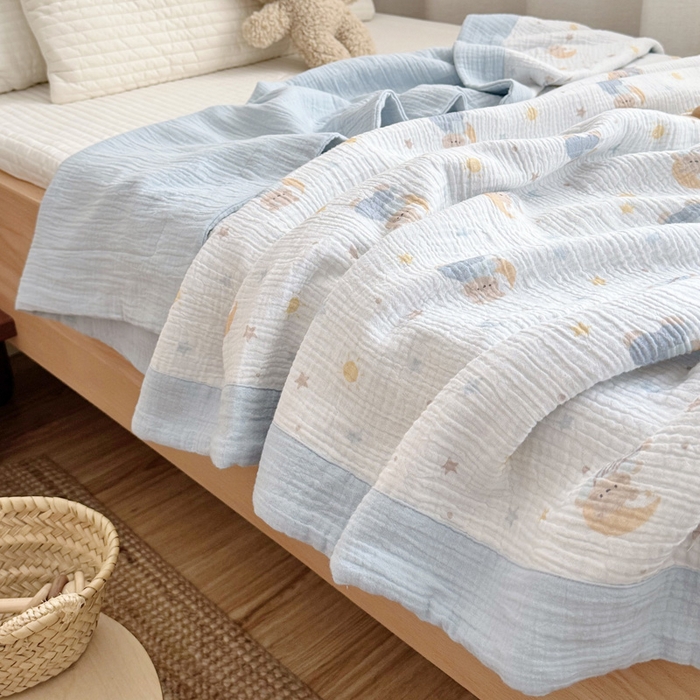 91家纺网 家纺一手货源 找家纺 BOSS 2025新款全棉纯棉皱皱纱儿童盖毯夏被  幼儿园夏被夏凉被空调被 晚安熊