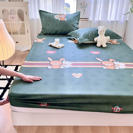 乐居家纺 2025新款亲肤舒适活性印染水洗冰丝床笠 米妮兔-绿