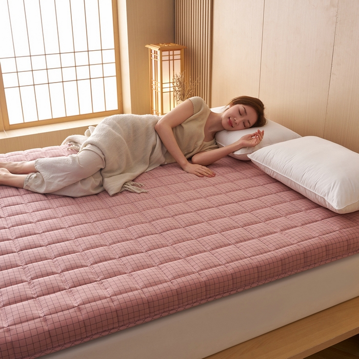 91家纺网 家纺一手货源 找家纺 锦丝钰床垫 2025新款色织水洗棉棉花床垫 小粉格