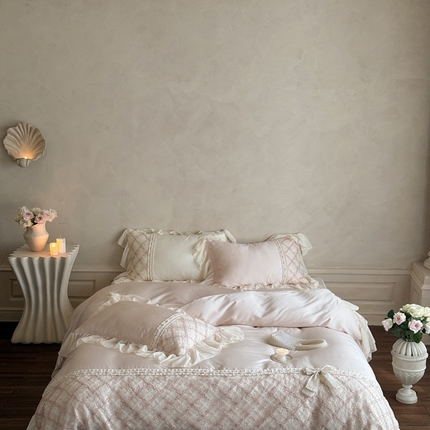 佳汐蓝家纺2025春夏新品60支兰精天丝珍珠织带蝴蝶结四件套--爱莎系列 粉色