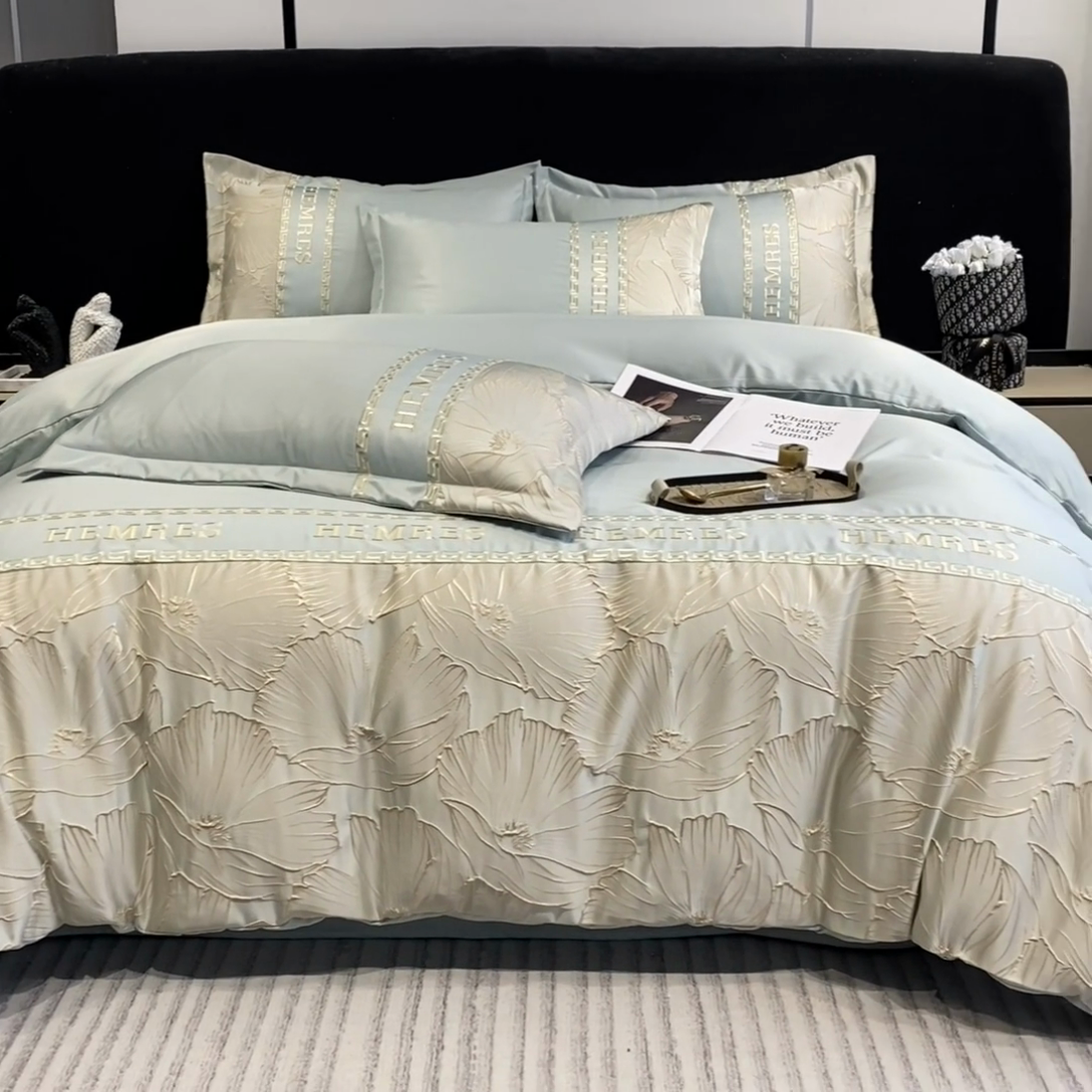 91家纺网 家纺一手货源 找家纺 子曰 2025新款金丝提花浮雕刺绣水洗真丝四件套 花语-绿